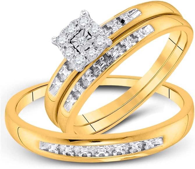 Solid 10k Two Tone White and Yellow Gold His and Hers Round Diamond Cluster Matching Couple Three Rings Bridal Engagement Ring Wedding Bands Set 1/5 Ct.